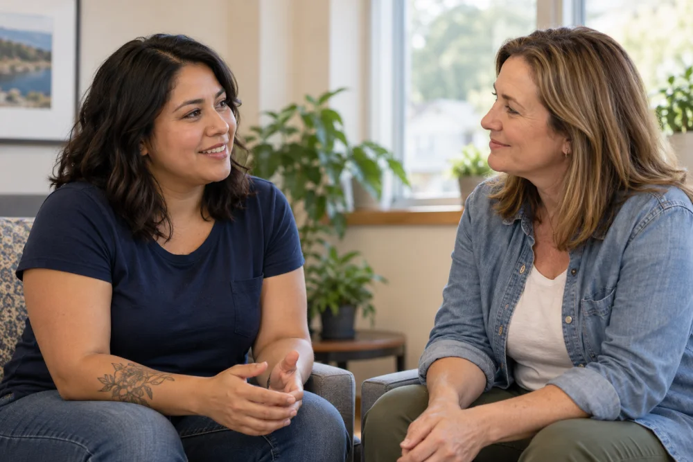 Two women having a supportive one-to-one conversation (illustrative image)