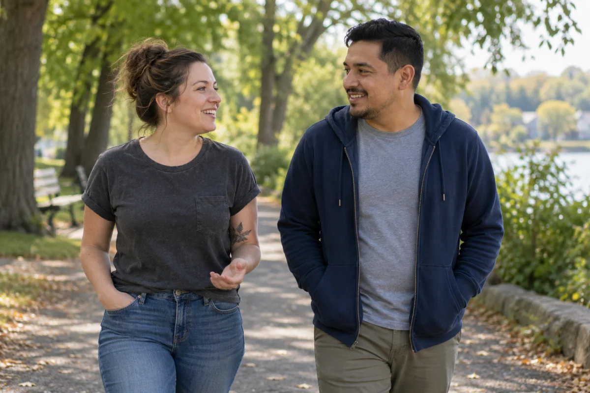 Two adults walking together on a leafy path (illustrative image)