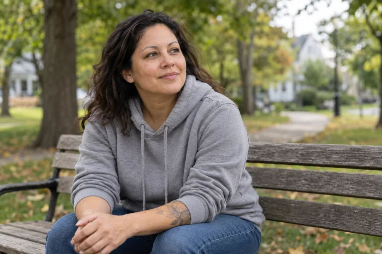 Woman sitting on a neighborhood park bench (illustrative image)