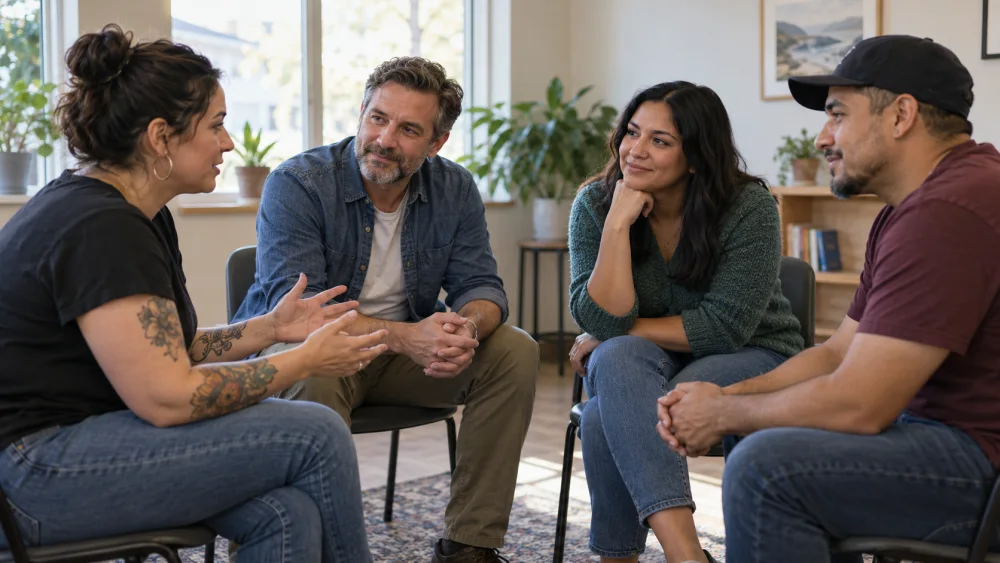 Adults listening during a small group conversation (illustrative image)