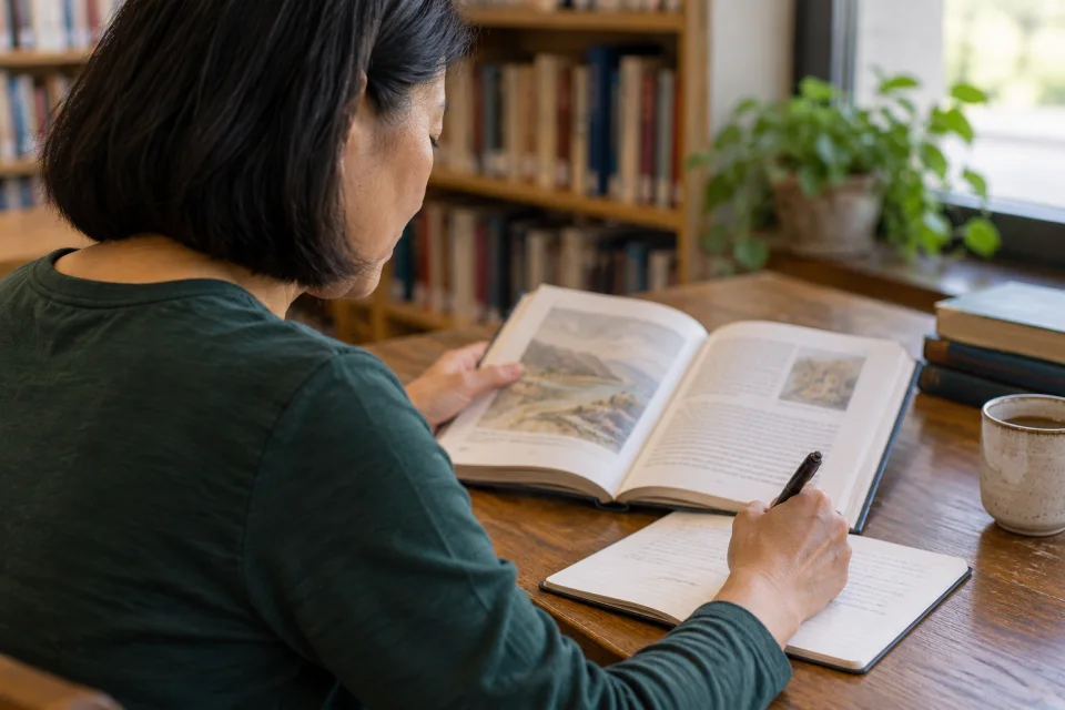 Adult reading and taking notes at a library desk (illustrative image).