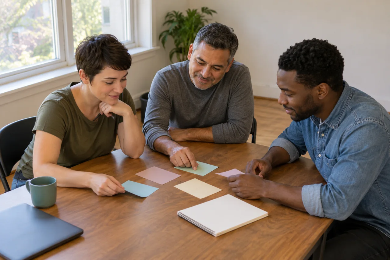 Three adults working with planning cards at a community table (illustrative image).