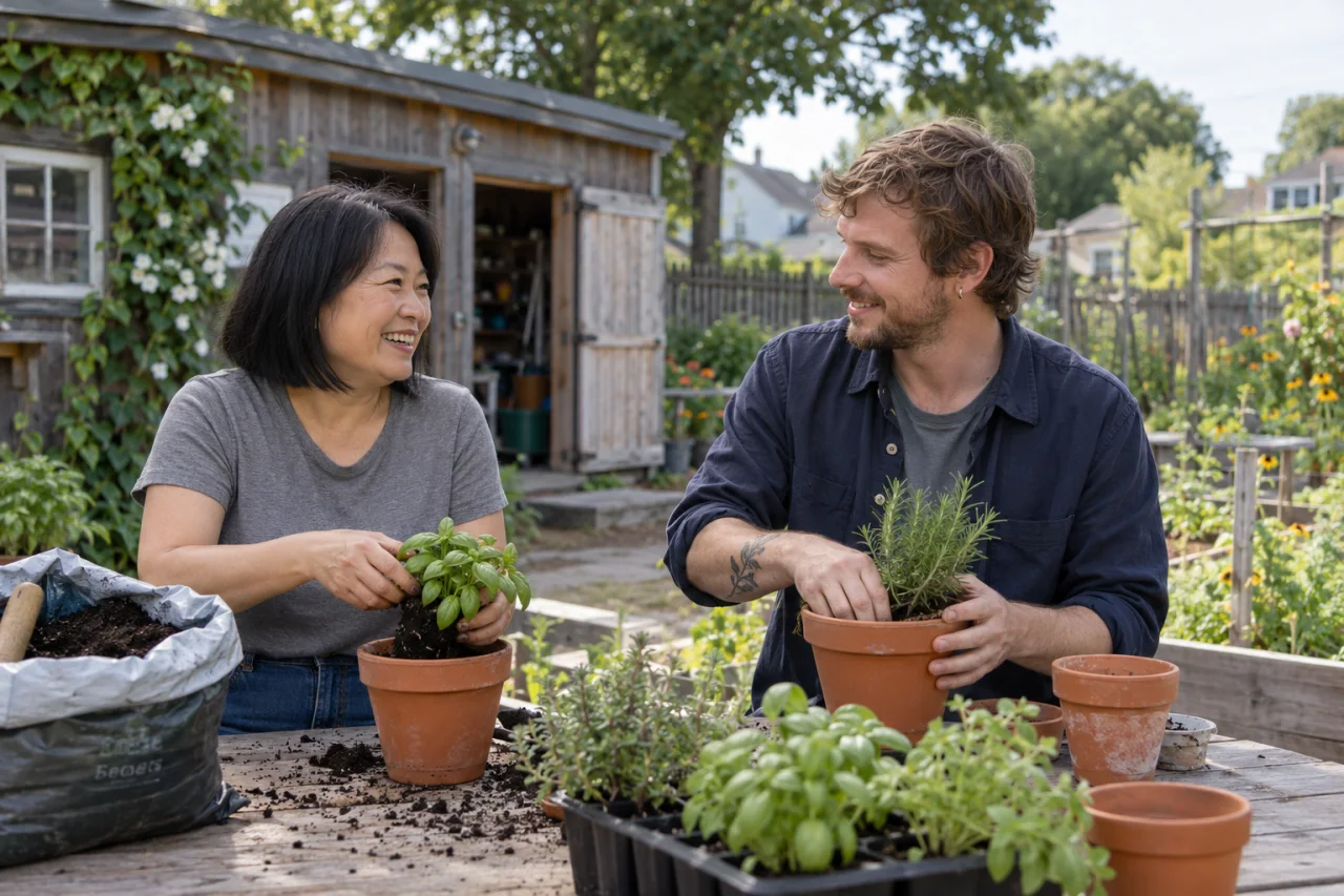 Two adults potting herbs at a community garden table (illustrative image).