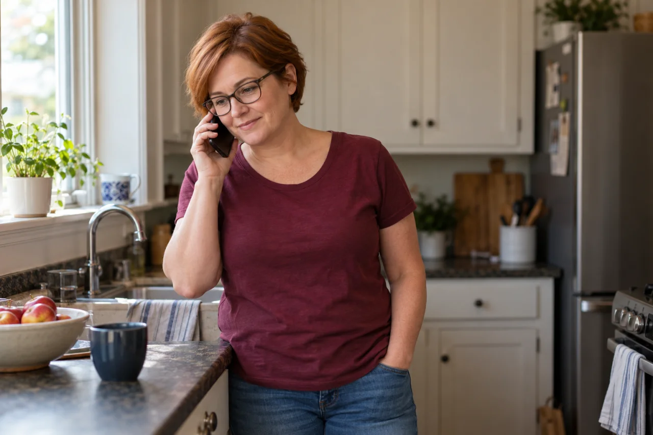 Woman listening during a phone call at home (illustrative image).